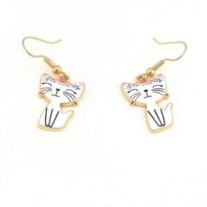 Cat Dangle Earrings Enamel White Gold Tone Fishhook Whimsical Cute Jewelry New